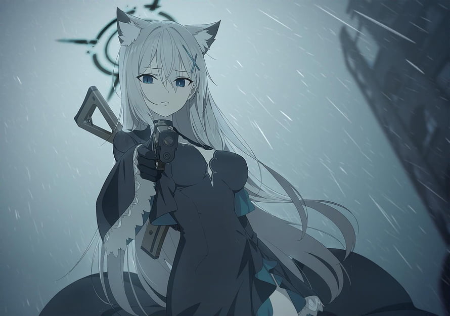 Anime Girl with Wolf Ears Holding a Gun in the Rain HD wallpaper