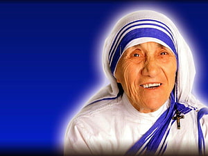 Mother Teresa Portrait in White and Blue Habit with Cross Necklace Against Blue Background HD wallpaper