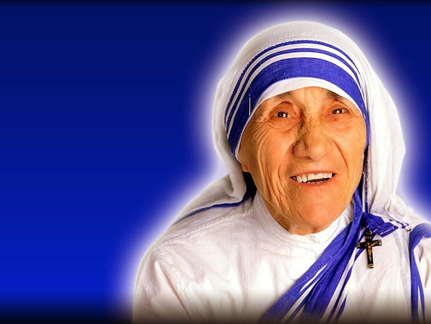 Mother Teresa Portrait in White and Blue Habit with Cross Necklace Against Blue Background HD wallpaper