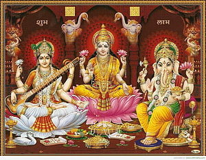 Traditional Indian Pooja Thali Depicting Goddess Lakshmi, Saraswati, and Ganesha HD wallpaper