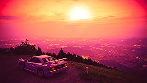 White sports car on a hilltop overlooking a sprawling city at sunset in a vibrant pink and orange outrun aesthetic HD wallpaper