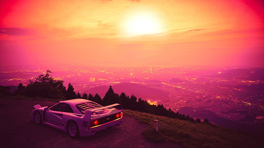 White sports car on a hilltop overlooking a sprawling city at sunset in a vibrant pink and orange outrun aesthetic HD wallpaper