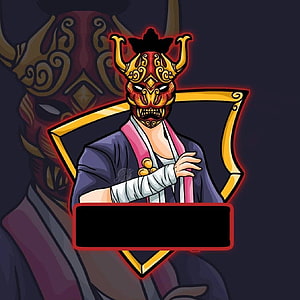 Japanese Oni Demon Mask Gaming Logo with Red and Gold Accents HD phone wallpaper