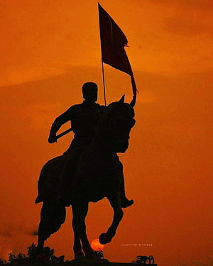 Chhatrapati Shivaji Maharaj Equestrian Statue Silhouette Against Orange Sunset Sky HD phone wallpaper