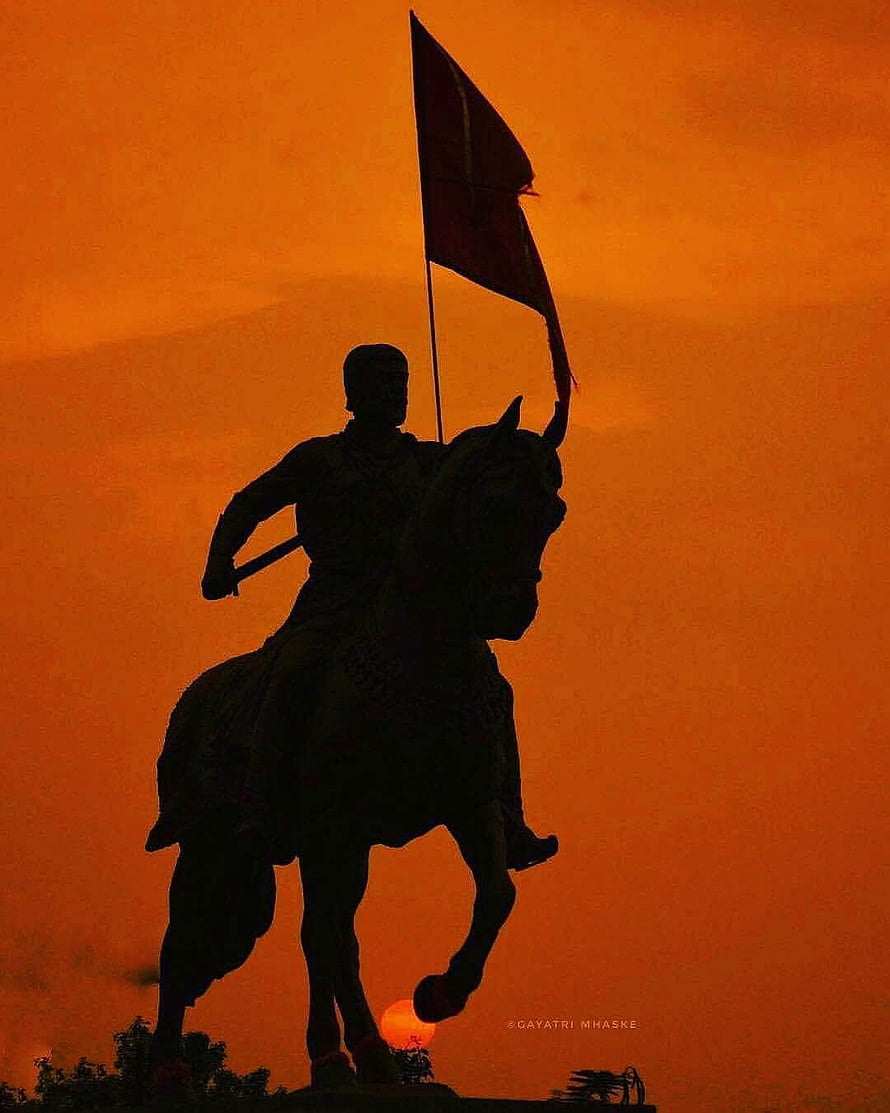 Chhatrapati Shivaji Maharaj Equestrian Statue Silhouette Against Orange Sunset Sky HD phone wallpaper
