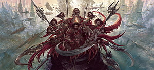 Ravana Ten-Headed Demon King in Red Armor with Weapons and Floating Ships HD wallpaper