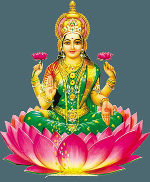 Goddess Lakshmi Seated on a Lotus with Four Arms Holding Flowers and Blessing Gestures HD phone wallpaper