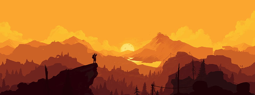 Silhouette of a Hiker Standing on a Cliff Edge Overlooking a Golden Sunset Mountain Landscape HD wallpaper