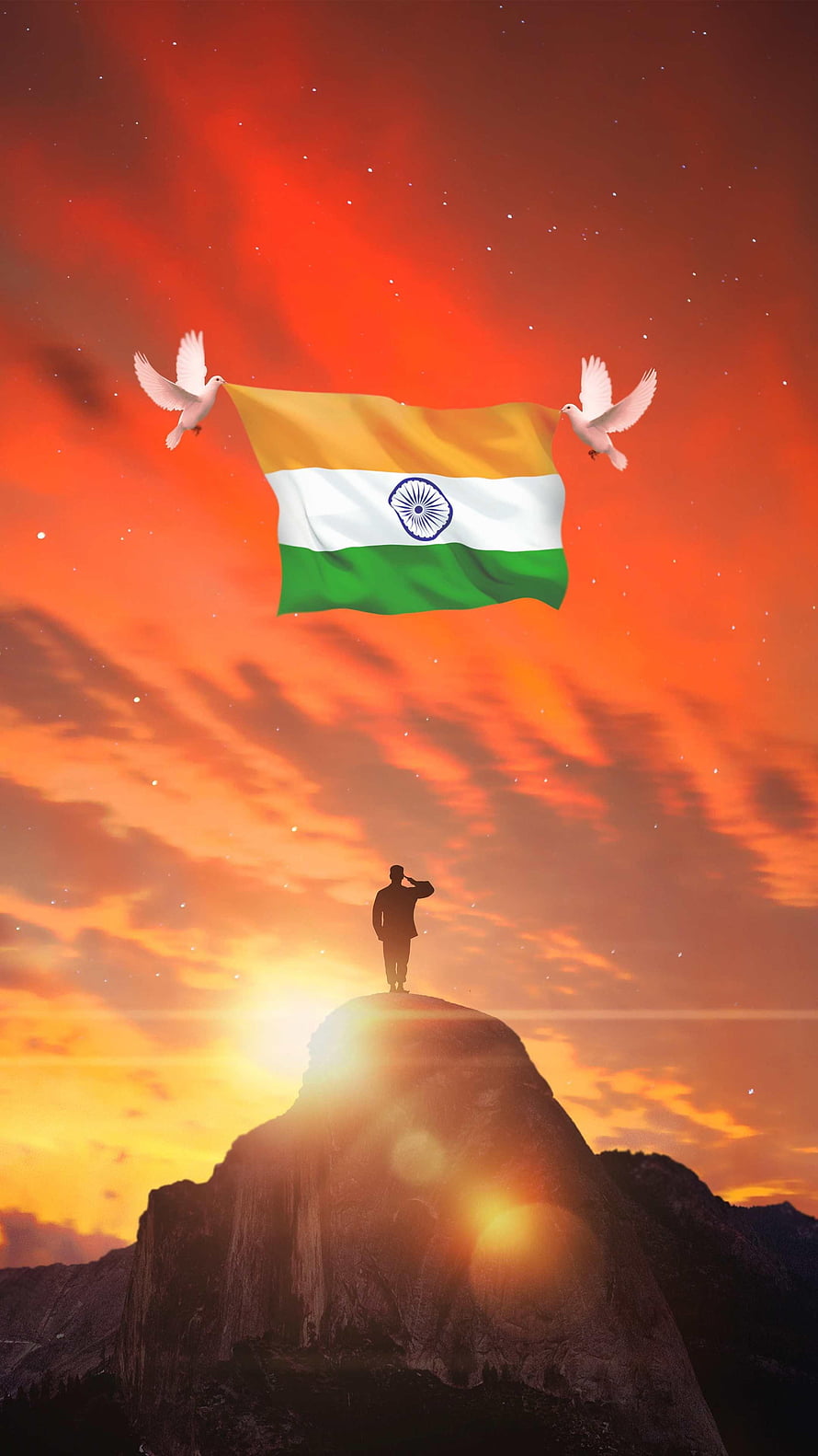 Patriotic Indian Flag Held by Doves Above Silhouetted Soldier at Sunset HD phone wallpaper