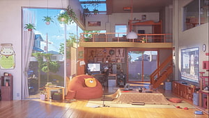 Cozy Anime-Style Loft Interior with Sunlit Garden View and Orange Beanbag HD wallpaper