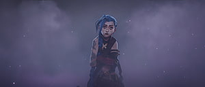Jinx from Arcane in a moody purple mist with glowing particles and dark fantasy attire HD wallpaper