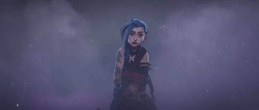 Jinx from Arcane in a moody purple mist with glowing particles and dark fantasy attire HD wallpaper
