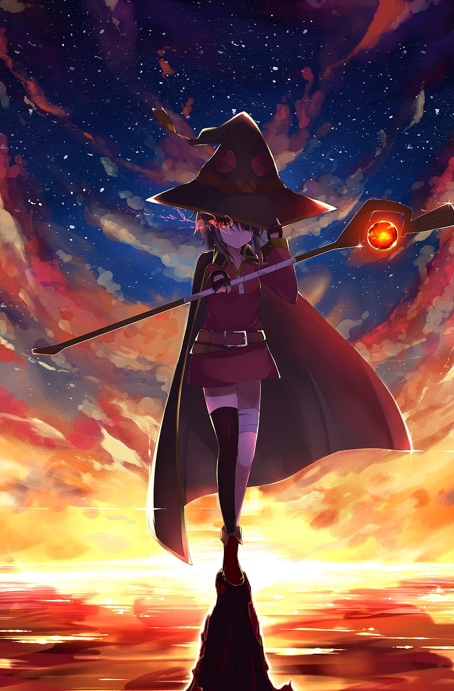 Megumin the Crimson Witch Standing on a Cliff Against a Dramatic Sunset Sky HD phone wallpaper