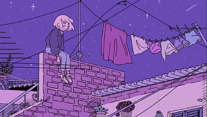 Sad Anime Girl Sitting on Brick Wall Under Starry Night Sky With Laundry Hanging HD wallpaper