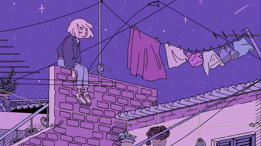 Sad Anime Girl Sitting on Brick Wall Under Starry Night Sky With Laundry Hanging HD wallpaper