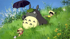 Totoro and Children in a Sunny Meadow with Umbrella and Flowers HD wallpaper