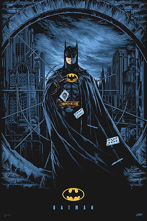 Batman Comic Book Poster with Playing Cards and Gotham City Skyline, Batman 1989, batmobile 1989 HD phone wallpaper