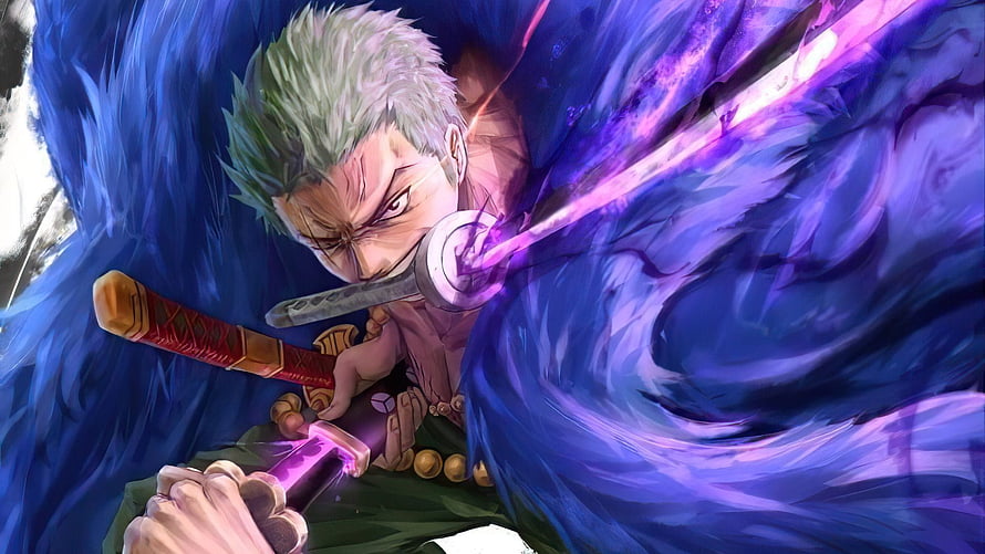 Roronoa Zoro Wielding Three Swords with Purple Aura and Blue Fur Coat HD wallpaper