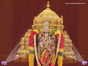 Lord Ayyappa adorned with golden temple structure and vibrant flower garlands HD wallpaper