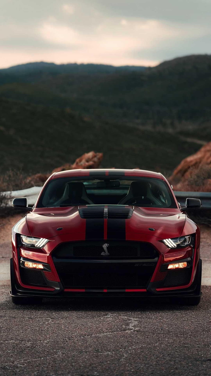 Red Ford Mustang Shelby GT500 Front View on Mountain Road at Dusk HD phone wallpaper