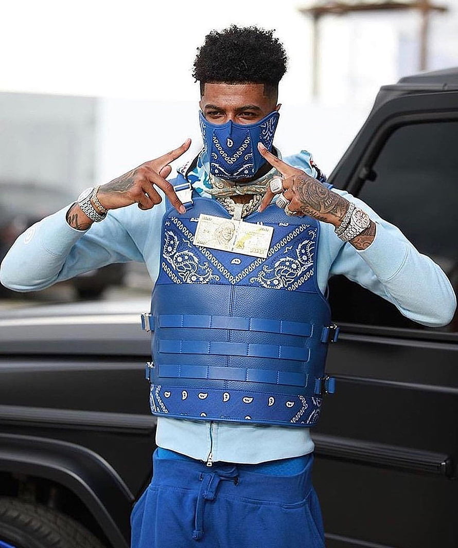 Blueface in Blue Bandana Tactical Vest and Light Blue Hoodie HD phone wallpaper