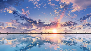 Serene Anime Sunset Over Calm Water With Vibrant Cloud Reflections HD wallpaper