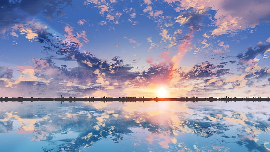 Serene Anime Sunset Over Calm Water With Vibrant Cloud Reflections HD wallpaper