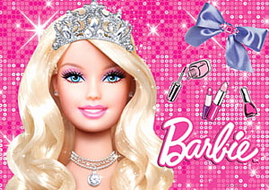 Barbie Doll With Tiara And Makeup Accessories On Pink Sparkly Background HD wallpaper