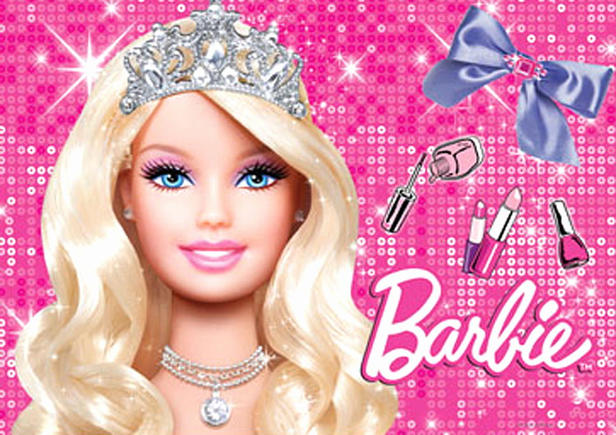 Barbie Doll With Tiara And Makeup Accessories On Pink Sparkly Background HD wallpaper