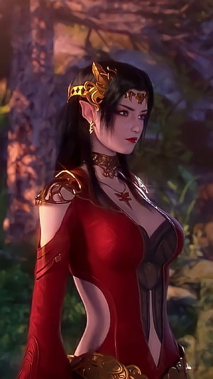 Fantasy Elf Woman in Red Dress with Golden Crown and Armor, ᏋᏤᎧㅤ×͜×, cai lin HD phone wallpaper