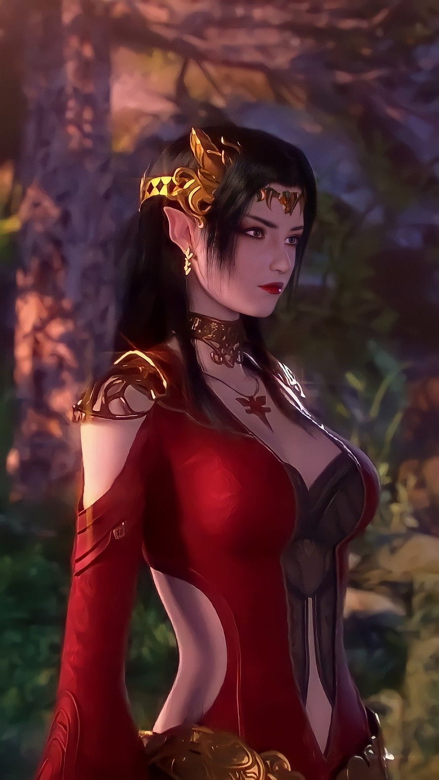 Fantasy Elf Woman in Red Dress with Golden Crown and Armor, ᏋᏤᎧㅤ×͜×, cai lin HD phone wallpaper