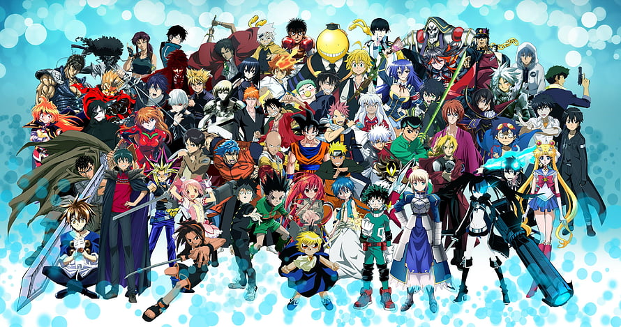 Massive Anime Character Group Portrait Featuring Goku, Naruto, Luffy, Ichigo, and Natsu HD wallpaper