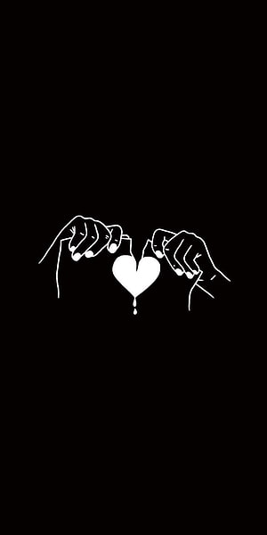 Minimalist White Line Art of Hands Holding a Dripping Broken Heart on Black Background HD phone wallpaper