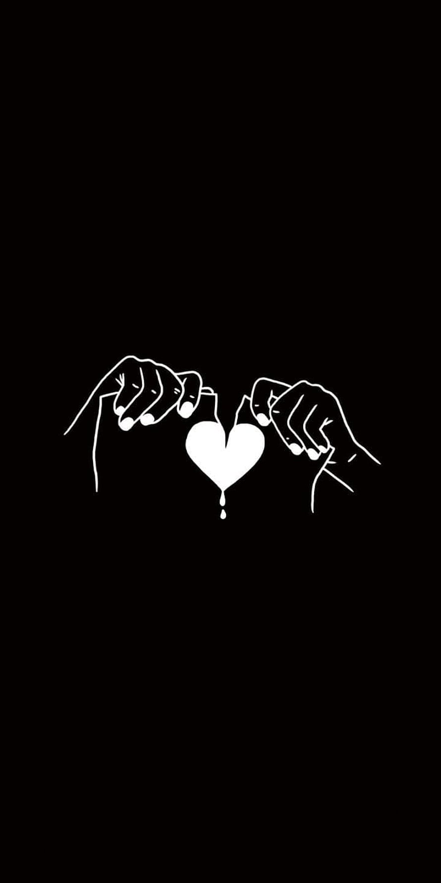 Minimalist White Line Art of Hands Holding a Dripping Broken Heart on Black Background HD phone wallpaper