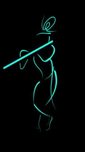 Abstract Neon Cyan Line Art Figure Playing Flute on Black Background HD phone wallpaper