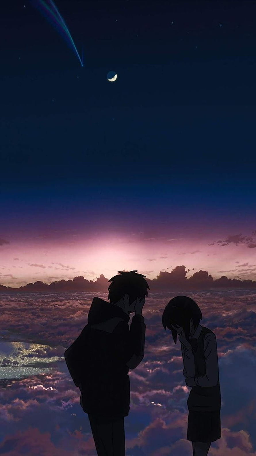 Your Name Anime Silhouettes Gazing at Comet and Moon Above Clouds at Twilight HD phone wallpaper