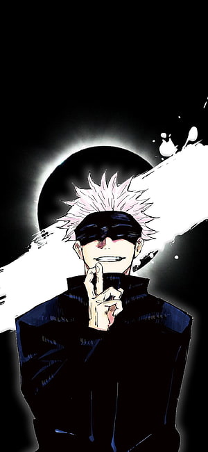Gojo Satoru from Jujutsu Kaisen in a dramatic black and white anime illustration with a glowing eclipse background HD phone wallpaper