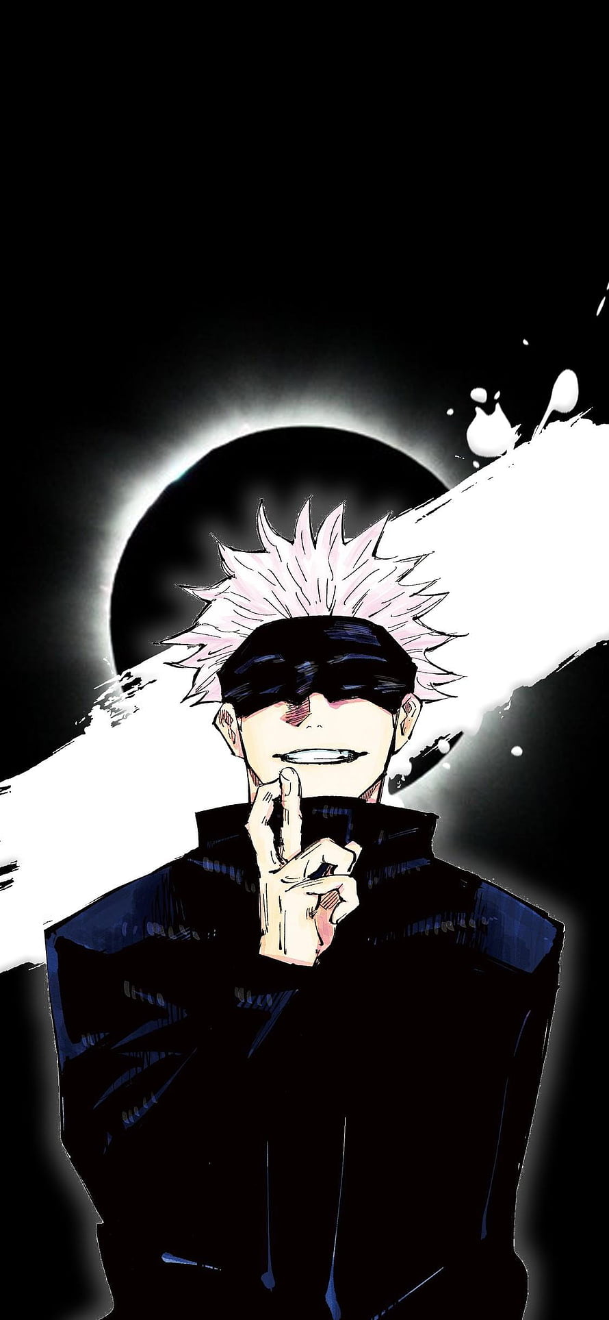 Gojo Satoru from Jujutsu Kaisen in a dramatic black and white anime illustration with a glowing eclipse background HD phone wallpaper