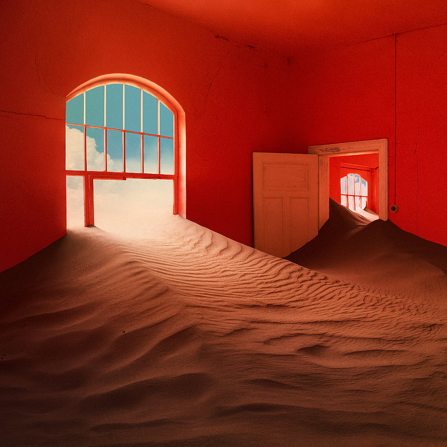 Surreal Red Room Interior With Sand Dunes And Arched Window HD phone wallpaper