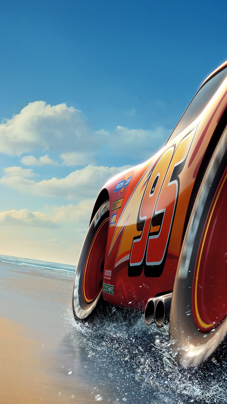 Lightning McQueen Racing on the Beach with Ocean Waves and Blue Sky HD phone wallpaper