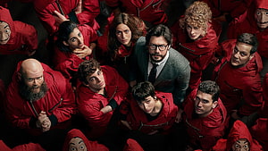 Money Heist Cast in Red Suits and Dalí Masks Looking Up at Camera HD wallpaper