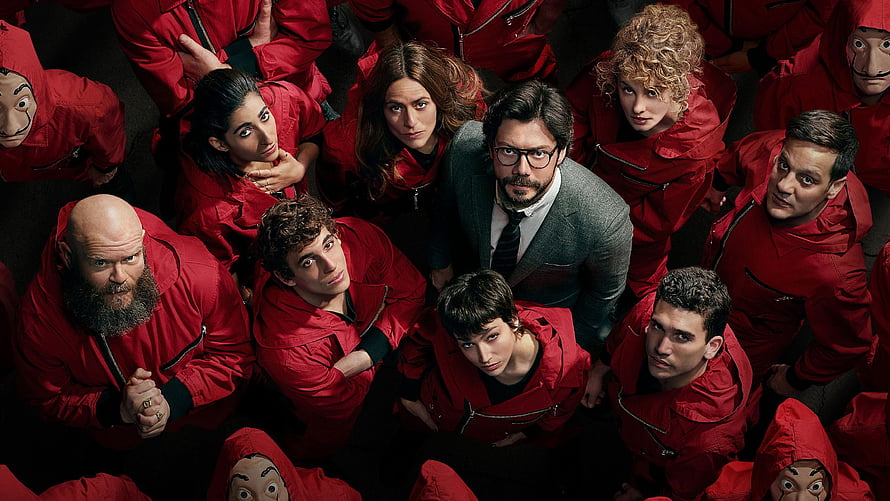 Money Heist Cast in Red Suits and Dalí Masks Looking Up at Camera HD wallpaper