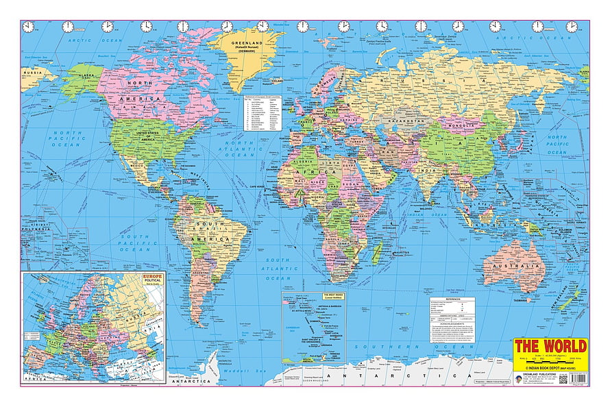 Colorful Political World Map With Time Zones And Europe Inset HD wallpaper
