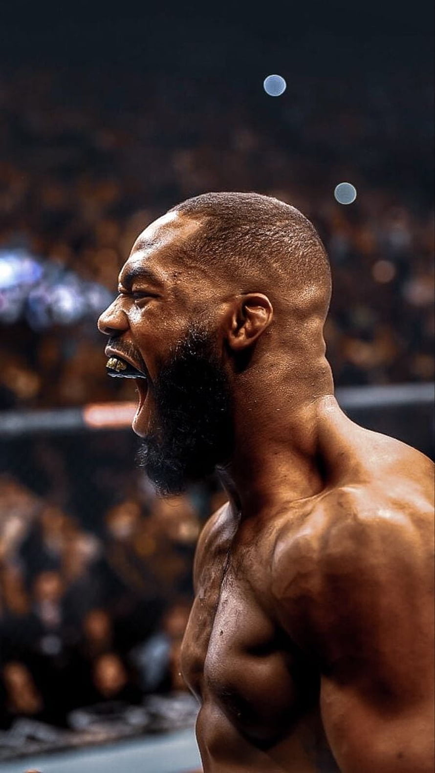 Intense Profile of a Muscular Boxer Roaring in the Ring with Gold Grill HD phone wallpaper