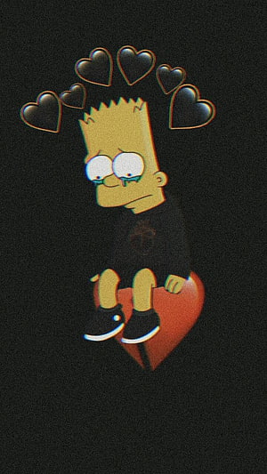 Sad Bart Simpson Crying on Broken Heart with Glitch Effect HD phone wallpaper
