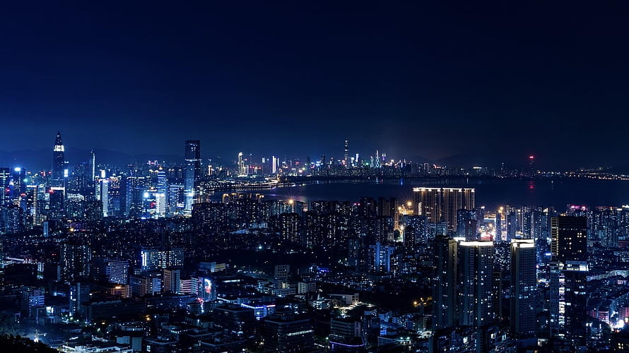 Aerial Night View of Shenzhen Skyline Across the Water HD wallpaper