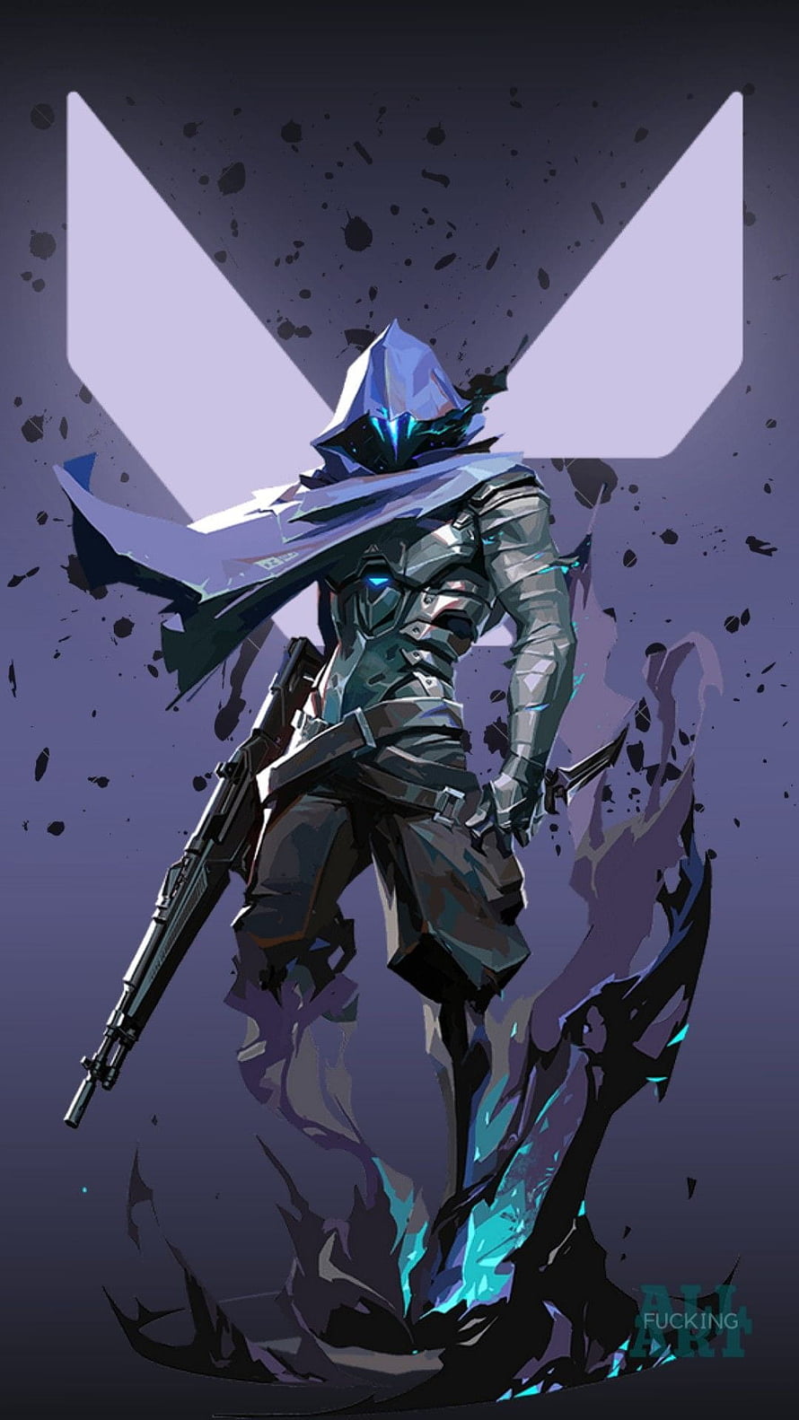 Mysterious hooded soldier in futuristic armor holding a rifle with glowing blue energy effects HD phone wallpaper