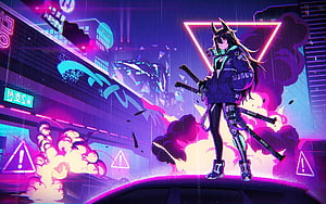 Cyberpunk Anime Girl With Cat Ears And Dual Swords In Neon City HD wallpaper