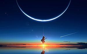 Anime Girl Silhouette Playing Guitar Under a Giant Planet at Sunset HD wallpaper