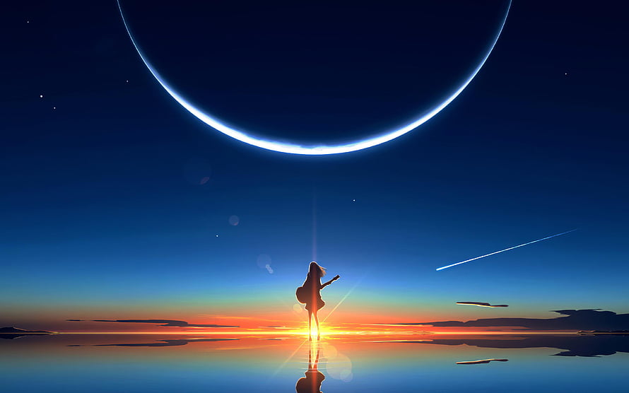 Anime Girl Silhouette Playing Guitar Under a Giant Planet at Sunset HD wallpaper
